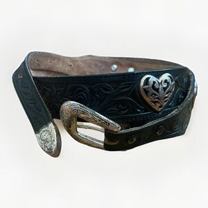 Vintage Justin Women's 32 Black Leather Belt w/ Heart Conchos Silver Buckle